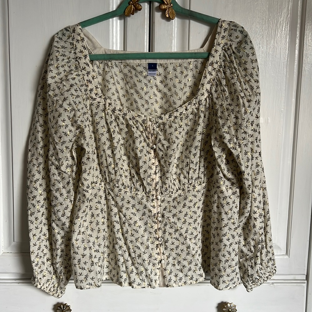 Old Navy Corset Style Blouse Size Large Cream Floral Puff Sleeve Top Cottagecore